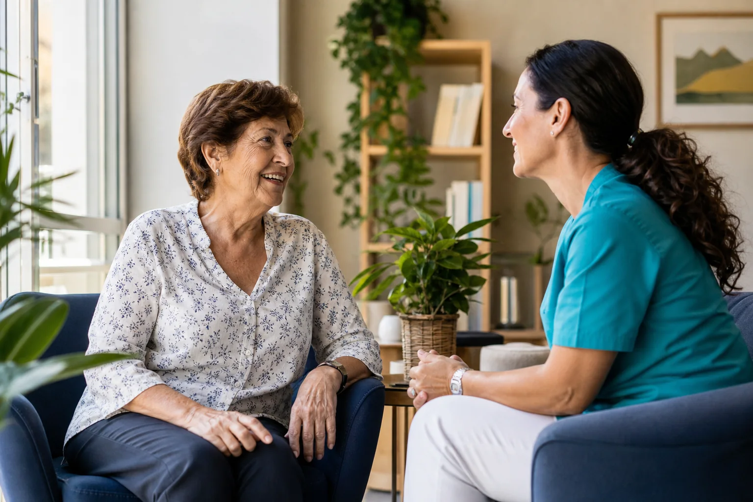Profesional sociosanitaria conversando con una persona cuidada